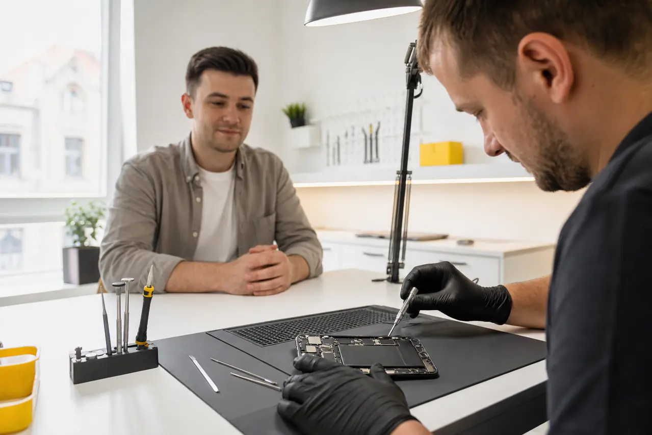 Client care asistă la repararea telefonului în service-ul iFix Timișoara