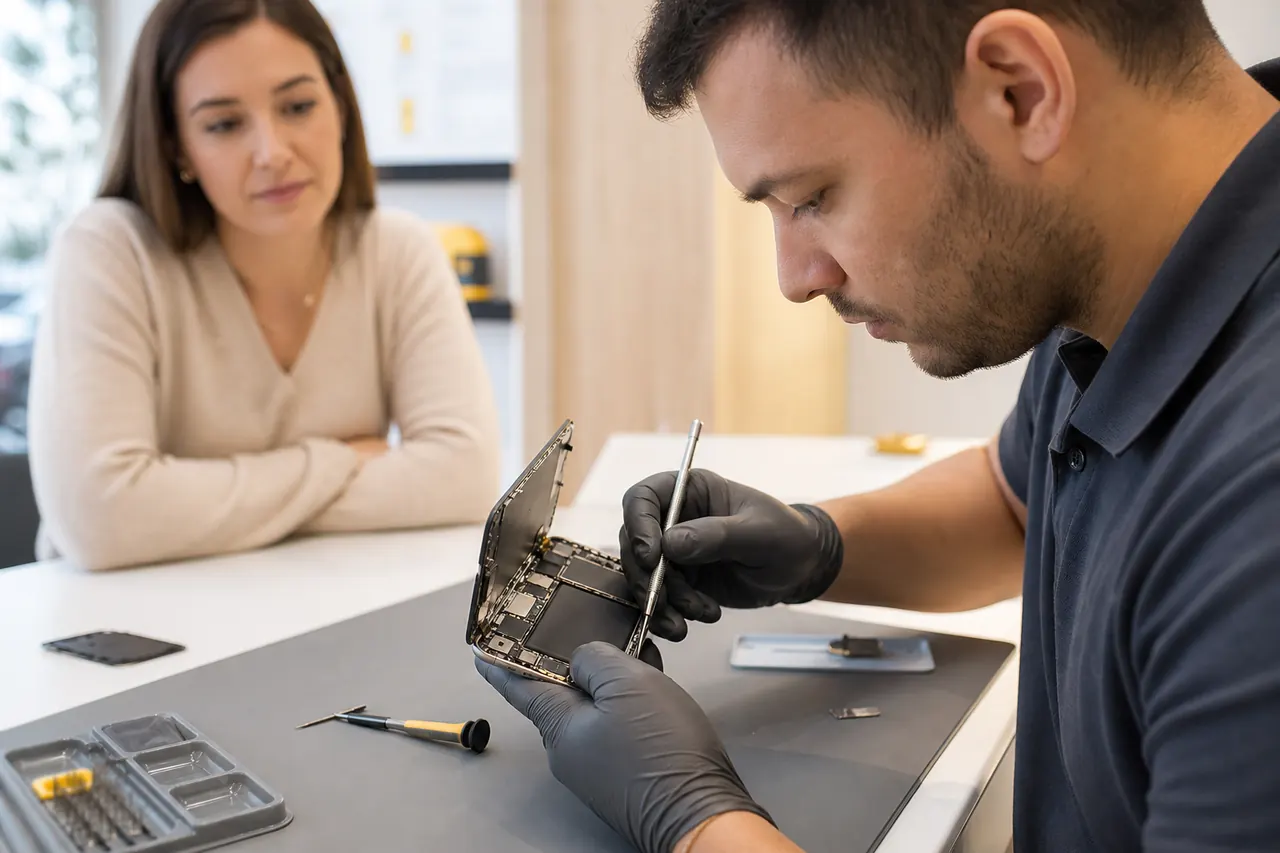 Tehnician iFix reparând un telefon în timp ce clienta asistă