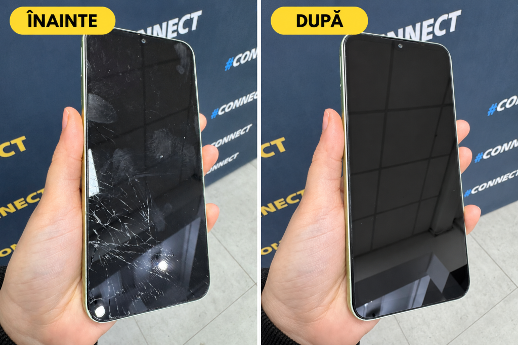 Telefon cu display spart înainte de reparație și cu display înlocuit după reparație, la iFix Timișoara