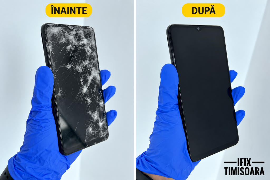 Telefon cu ecran spart înainte și după reparație la iFix Timișoara